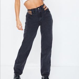 Washed Black Strappy Cut Out Hip Jeans